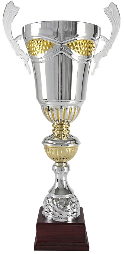 Copa con Asas Plateada y Dorada y Peana de Madera 