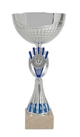 Copa Alargada Plateada Detalles Azules Peana Marmol Negra