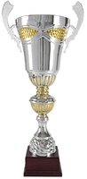 Copa con Asas Plateada y Dorada y Peana de Madera