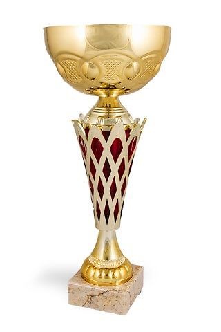 Copa Yajalon dorada con rejilla en rojo y peana de mármol 