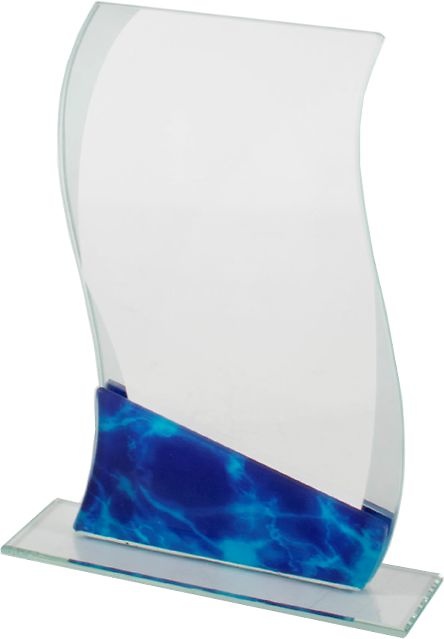 Trofeo personalizable de cristal con detalles en azul 